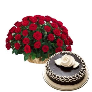 50 Red Roses with Chocolate Cake